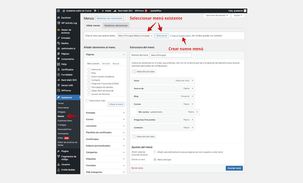 crear menu wordpress