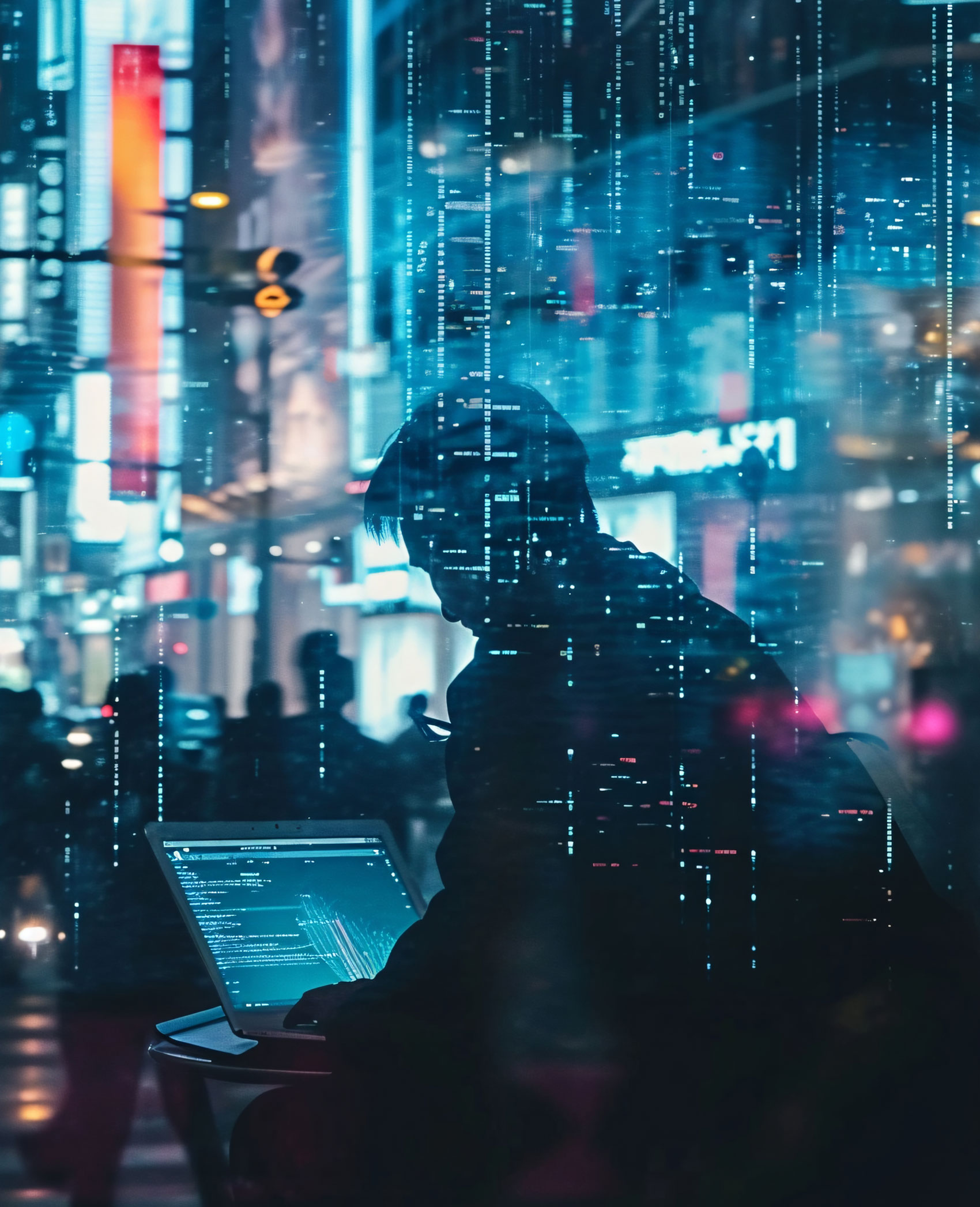 Blog 10 Silueta de un hacker trabajando en un portátil con una superposición de código digital, ilustrando la importancia de una auditoría de seguridad en WordPress para protegerse de ataques.