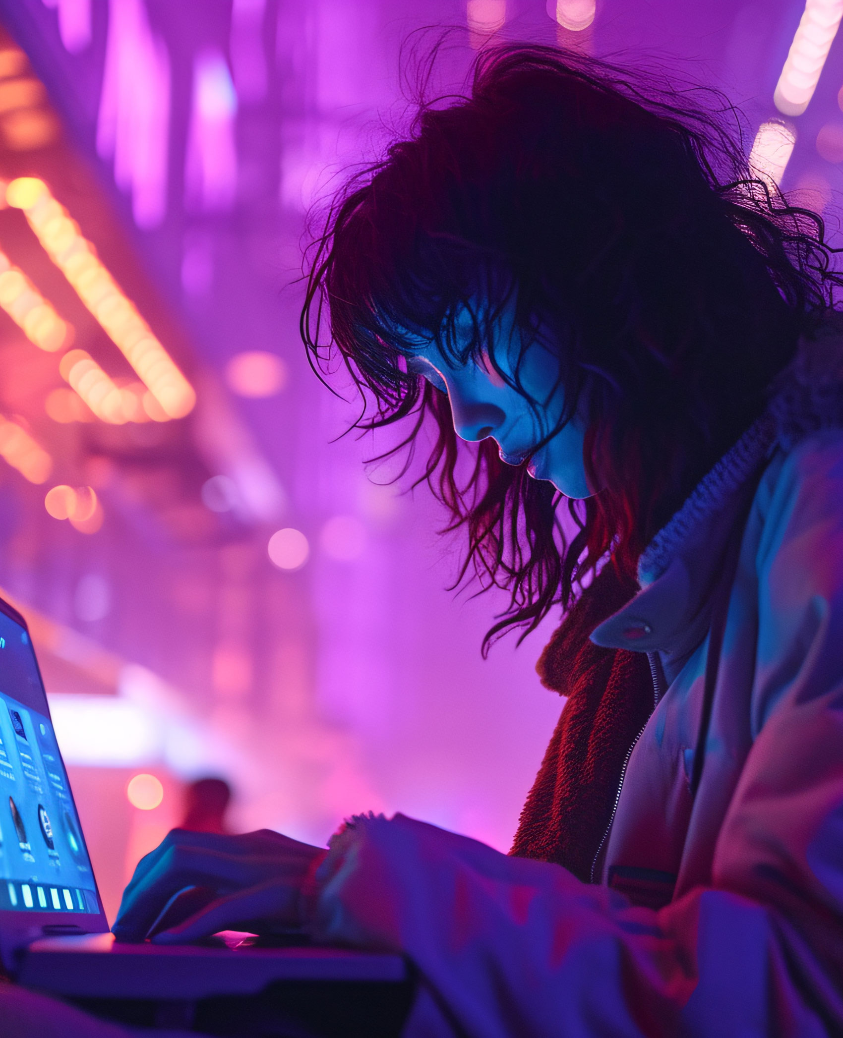 Las 10 mejores prácticas de optimización de imágenes en WordPress 2 Mujer trabajando en un portátil en un entorno con luces de neón, realizando la optimización de imágenes para una página web en WordPress.