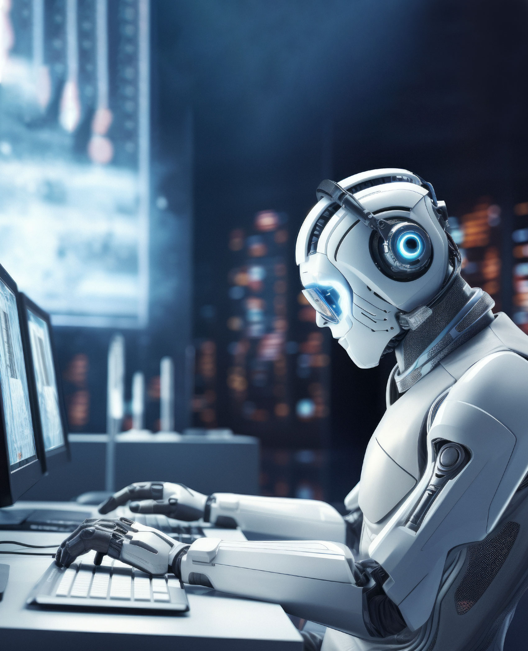 Robot con Inteligencia Artificial trabajando SEO en un ordenador